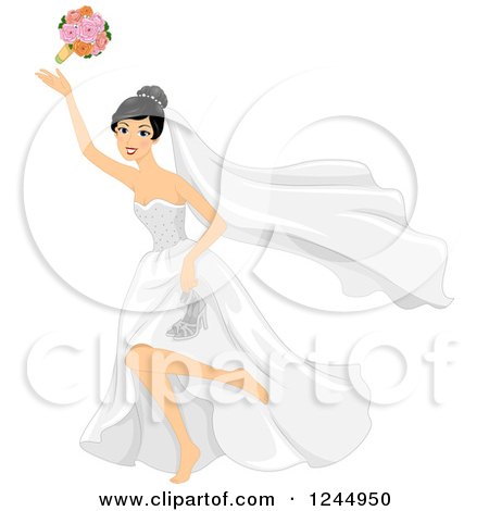 Clipart of a Bride Running Barefoot and Throwing Her Bouquet - Royalty Free Vector Illustration by BNP Design Studio
