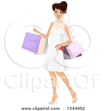 Clipart of a Happy Bride Carrying Shopping Bags - Royalty Free Vector Illustration by BNP Design Studio