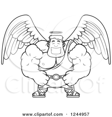 Clipart of a Black and White Brute Muscular Male Angel Grinning - Royalty Free Vector Illustration by Cory Thoman