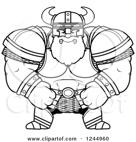 Clipart of a Black and White Mad Brute Muscular Viking - Royalty Free Vector Illustration by Cory Thoman