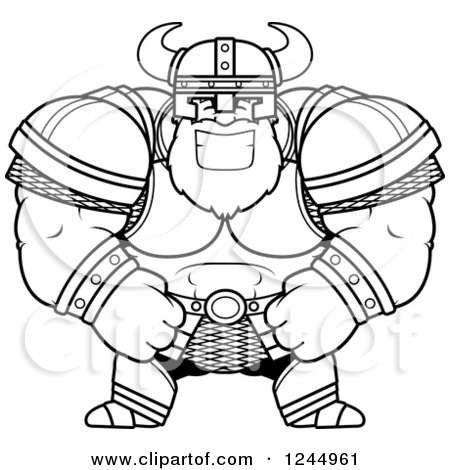 Clipart of a Black and White Brute Muscular Viking Grinning - Royalty Free Vector Illustration by Cory Thoman