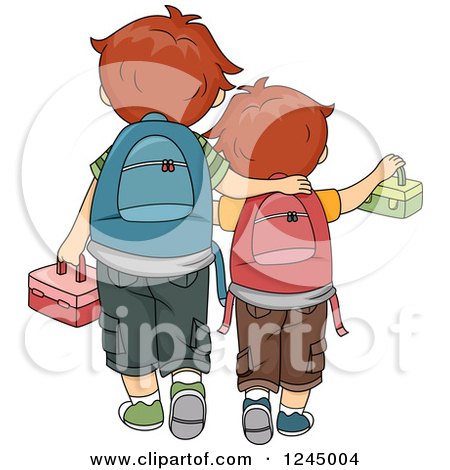 Clipart of a Rear View of Brothers Walking to School - Royalty Free Vector Illustration by BNP Design Studio