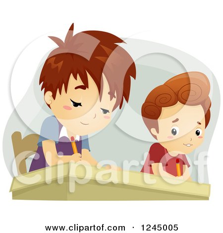 Clipart of a Caucasian Boy Peeking to Copy His Classmate's Answers - Royalty Free Vector Illustration by BNP Design Studio