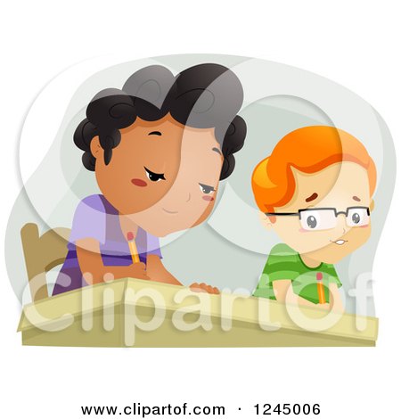 Clipart of a Caucasian Boy Peeking to Copy a Black Boy Classmate's Answers - Royalty Free Vector Illustration by BNP Design Studio