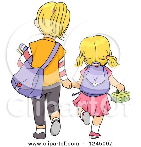 Clipart of a Rear View of Blond Sisters Walking to School - Royalty Free Vector Illustration by BNP Design Studio