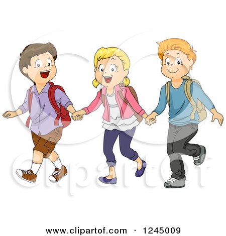 Clipart of a Group of Happy School Children Walking and Holding Hands - Royalty Free Vector Illustration by BNP Design Studio
