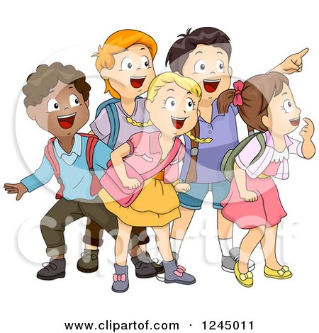 Clipart of a Group of Excited Diverse School Children Looking and Pointing - Royalty Free Vector Illustration by BNP Design Studio