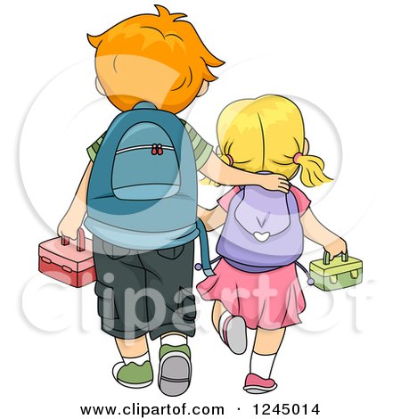 Clipart of a Rear View of a Big Brother and Little Sister Walking to School - Royalty Free Vector Illustration by BNP Design Studio