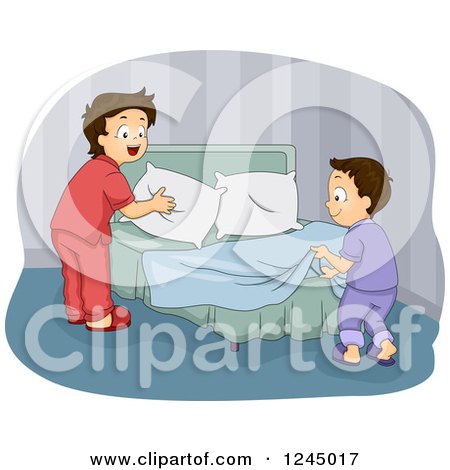 Clipart of Brothers Making a Bed Together - Royalty Free Vector Illustration by BNP Design Studio
