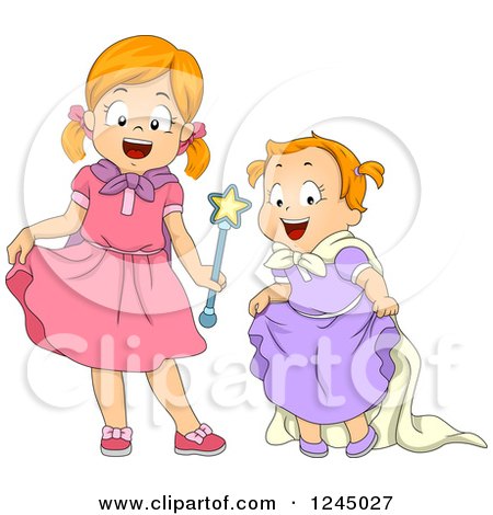 Clipart of Sisters Dressed and Pretending to Be Princesses - Royalty Free Vector Illustration by BNP Design Studio