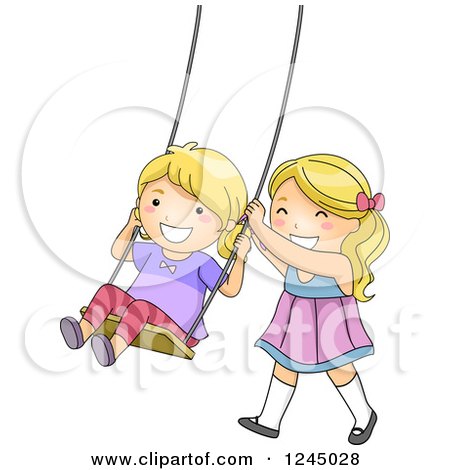 Clipart of Happy Blond Girls Playing on a Swing - Royalty Free Vector Illustration by BNP Design Studio