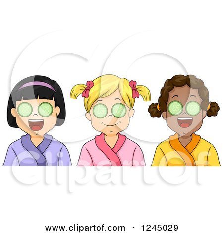 Clipart of Diverse Girls with Cucumbers over Their Eyes at a Spa - Royalty Free Vector Illustration by BNP Design Studio