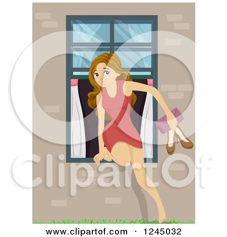 Clipart of a Teenage Girl Sneaking out Through a Window - Royalty Free Vector Illustration by BNP Design Studio