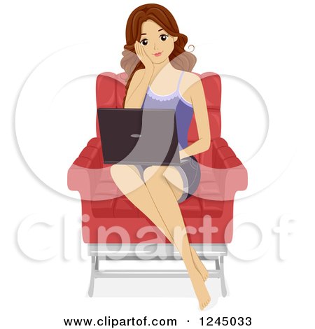 Clipart of a Brunette Teenage Girl Using a Laptop in a Chair - Royalty Free Vector Illustration by BNP Design Studio