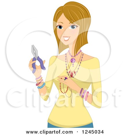 Clipart of a Blond Woman Showing Her Home Made Jewelry - Royalty Free Vector Illustration by BNP Design Studio