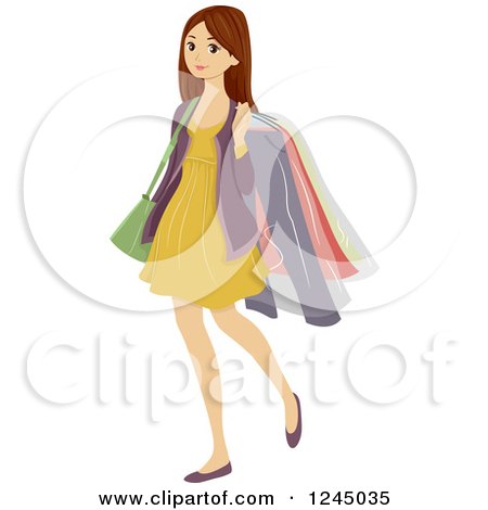 Clipart of a Teenage Brunette Girl Carrying Dry Cleaned Clothes - Royalty Free Vector Illustration by BNP Design Studio