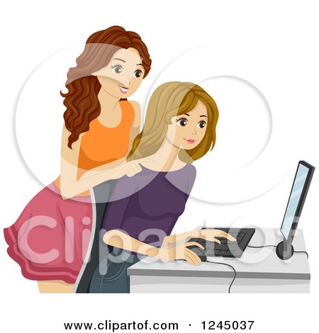 Clipart of Teenage Girls Using a Computer - Royalty Free Vector Illustration by BNP Design Studio