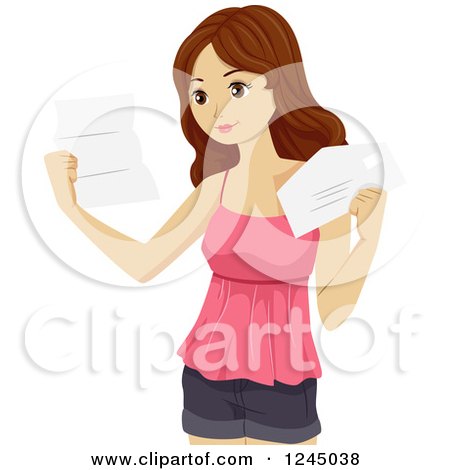 Clipart of a Brunette Girl Reading a College Application Letter - Royalty Free Vector Illustration by BNP Design Studio