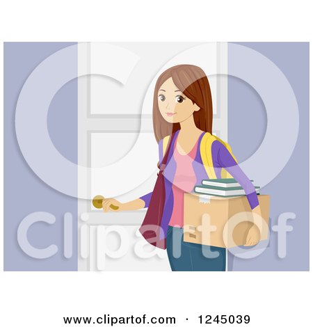 Clipart of a Teenage Girl Carrying a Box to a Dorm Room - Royalty Free Vector Illustration by BNP Design Studio