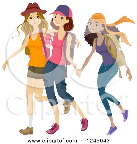 Clipart of Diverse Teen Girls Hiking - Royalty Free Vector Illustration by BNP Design Studio