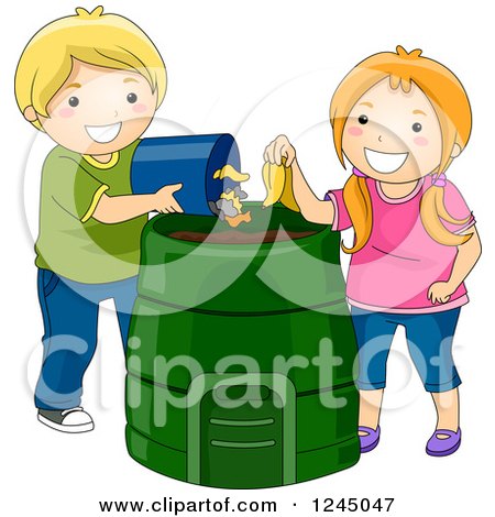 Clipart of a Boy and Girl Composting a Banana and Other Items - Royalty Free Vector Illustration by BNP Design Studio