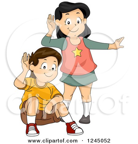 Clipart of a Boy and Girl Cupping Their Ears and Listening - Royalty Free Vector Illustration by BNP Design Studio