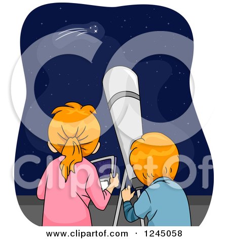 Clipart of a Rear View of Red Haired Children Using a Telescope and Star Gazing - Royalty Free Vector Illustration by BNP Design Studio