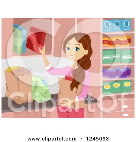 Clipart of a Brunette Woman Putting Away Groceries - Royalty Free Vector Illustration by BNP Design Studio