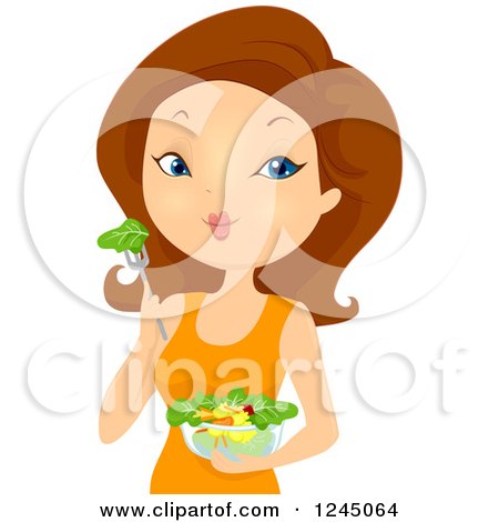 Clipart of a Brunette Woman Eating a Healthy Salad - Royalty Free Vector Illustration by BNP Design Studio