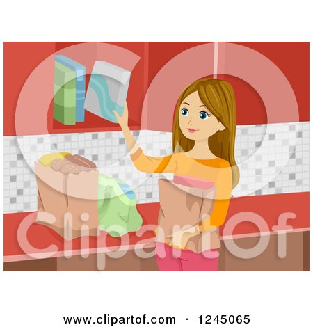 Clipart of a Caucasian Woman Putting Away Groceries - Royalty Free Vector Illustration by BNP Design Studio