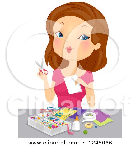 Clipart of a Brunette Woman Working on a Craft Project - Royalty Free Vector Illustration by BNP Design Studio