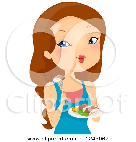 Clipart of a Brunette Woman Holding a Plate of Sliced Fish - Royalty Free Vector Illustration by BNP Design Studio