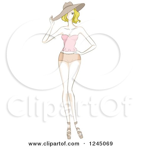 Clipart of a Sketched Female Model in Short Shorts and a Hat - Royalty Free Vector Illustration by BNP Design Studio