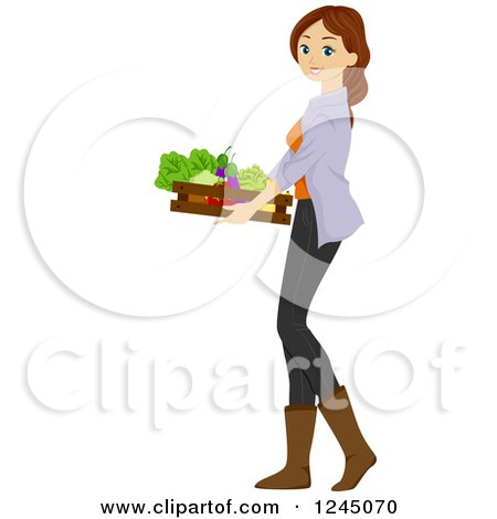 Clipart of a Young Brunette Woman Carrying a Tray of Produce - Royalty Free Vector Illustration by BNP Design Studio