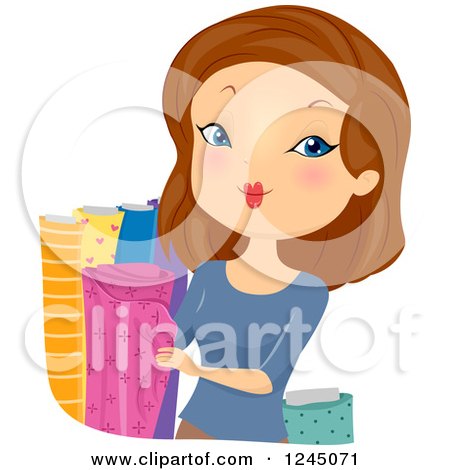 Clipart of a Brunette Woman Looking at Fabric - Royalty Free Vector Illustration by BNP Design Studio