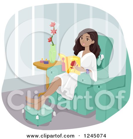 Clipart of a Beautiful Young Black Woman Reading a Magazine at a Spa - Royalty Free Vector Illustration by BNP Design Studio