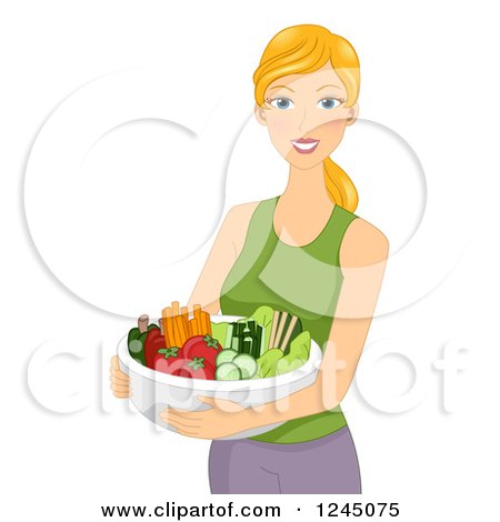 Clipart of a Happy Blond Woman Holding a Bowl of Vegetables - Royalty Free Vector Illustration by BNP Design Studio