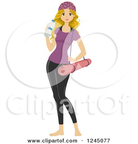 Clipart of a Fit Blond Woman with Water and Yoga Gear - Royalty Free Vector Illustration by BNP Design Studio