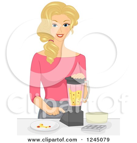 Clipart of a Happy Blond Woman Mixing Fruit in a Blender - Royalty Free Vector Illustration by BNP Design Studio
