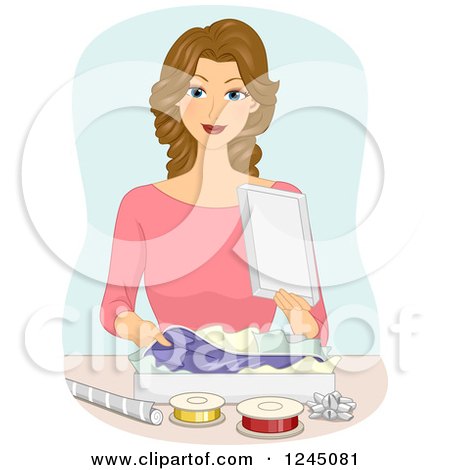 Clipart of a Happy Woman Wrapping a Shirt in a Gift Box - Royalty Free Vector Illustration by BNP Design Studio