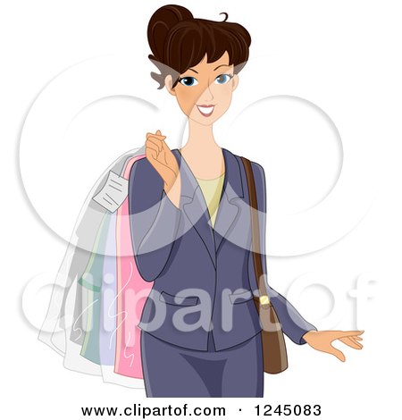 Clipart of a Business Woman Carrying Dry Cleaned Apparel - Royalty Free Vector Illustration by BNP Design Studio