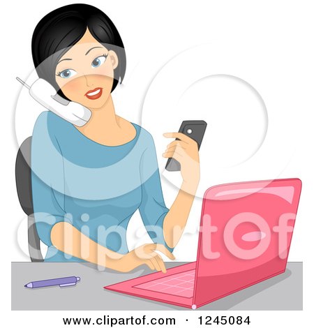 Clipart of a Multitasking Woman Using a Laptop, Texting and Talking on a Phone - Royalty Free Vector Illustration by BNP Design Studio