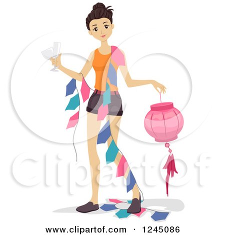 Clipart of a Young Woman Carrying Party Decorations - Royalty Free Vector Illustration by BNP Design Studio