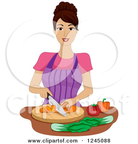 Clipart of a Brunette Woman Chopping Vegetables - Royalty Free Vector Illustration by BNP Design Studio