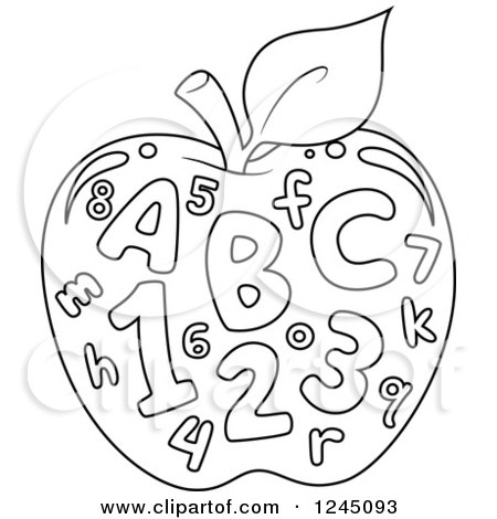 Clipart of a Black and White Outlined Apple with Letters and Numbers - Royalty Free Vector Illustration by BNP Design Studio
