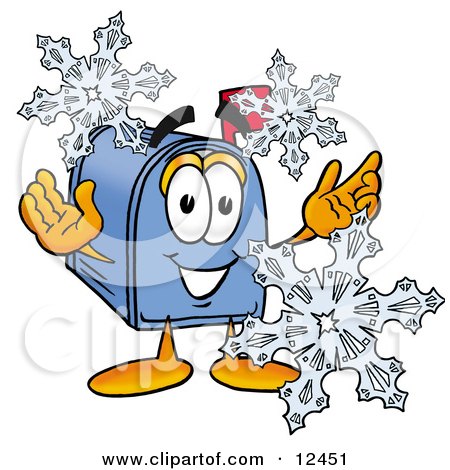 Clipart Picture of a Blue Postal Mailbox Cartoon Character With Three Snowflakes in Winter by Mascot Junction