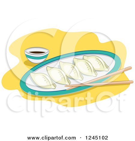 Clipart of a Plate of Dumplings with Chopsticks and Sauce - Royalty Free Vector Illustration by BNP Design Studio