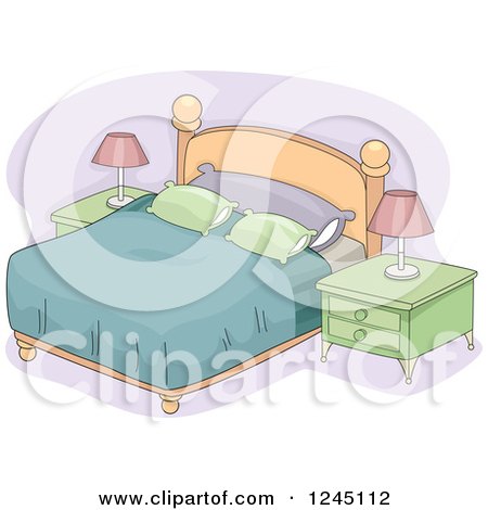 Clipart of a Bed with Night Stands - Royalty Free Vector Illustration by BNP Design Studio