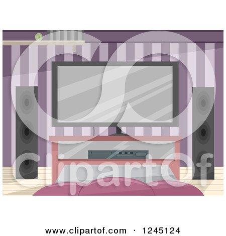 Clipart of an Entertainment Room Interior with Purple Wallpaper - Royalty Free Vector Illustration by BNP Design Studio
