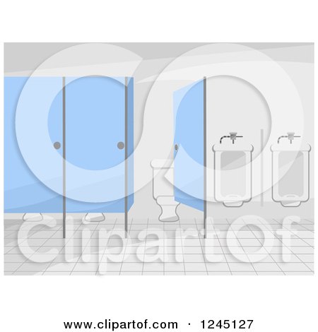 Clipart of a Public Restroom Interior with Blue Doors and Urinals - Royalty Free Vector Illustration by BNP Design Studio